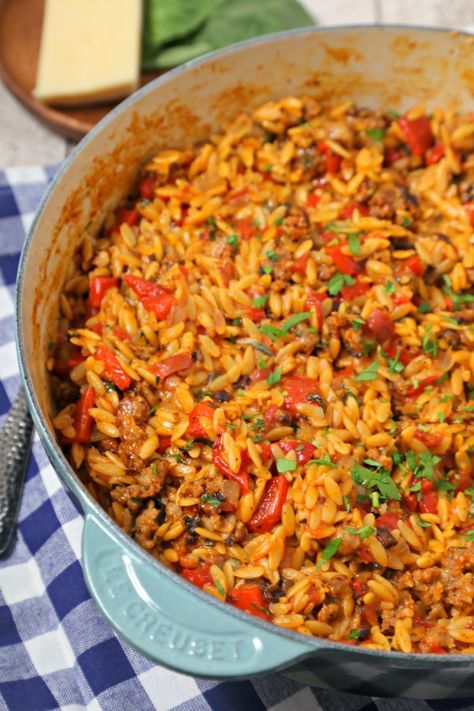 Orzo Recipes Side, One Pan Recipe, Turkey Italian Sausage, Pasta Meals, Orzo Recipes, Pan Recipe, Giada De Laurentiis, Easy Comfort Food, Roasted Red Peppers