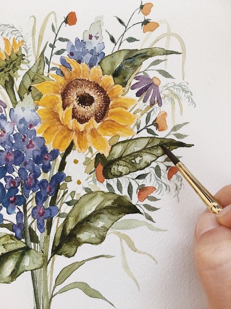 Watercolor florals by Shealeen Louise — Painted with love in memory of Texas wildflowers — Bluebonnets and sunflowers Texas Wildflower Watercolor, Wildflower Bouquet Painting, Wildflower Painting, Watercolor Flower Wreath, Texas Wildflowers, Wildflower Watercolor, Texas Tattoos, Bouquet Painting, Female Painters