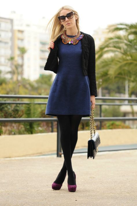 blue tweed dress, black tights and jacket, with suede heels Babydoll Dress Outfit Winter, Blue Dress Black Tights, 1960s Fashion Dress, Babydoll Dress Outfit, White Outfit Casual, Blue Tweed Dress, Navy Dress Outfits, Maxi Dress Outfit Fall, Blue Babydoll Dress