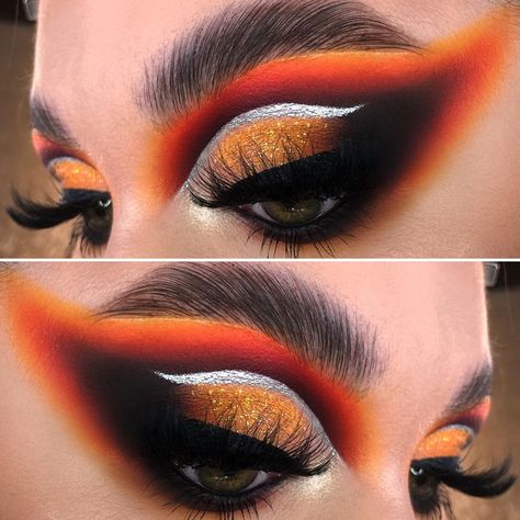 Orange And Black Eyeshadow Looks, Black Eyeshadow Looks, Face Makeup Routine, Halloween Eyeshadow, Neon Prom Dress, Orange Eye Makeup, Makeup Looks Natural Full Face, Orange Eyeshadow, Rhinestone Makeup