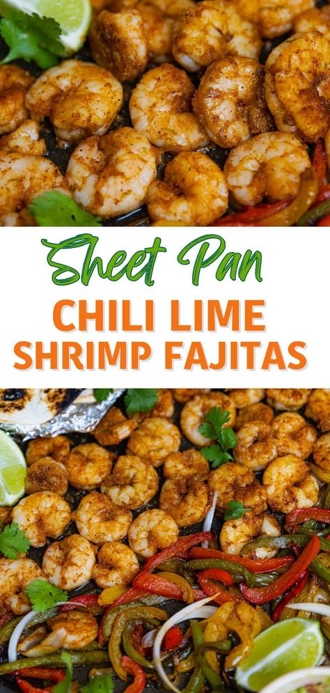 This simple Sheet Pan Chili Lime Shrimp Fajita recipe will soon become your new go-meal when life gets busy! Juicy shrimp and tender peppers, and onions flavored with homemade fajita seasoning are cooked in just 20 minutes. This delicious, effortless dish is great any night of the week and super fun to make for parties. Chili Fajita Recipe, Weight Watcher Sheet Pan Dinners, Shrimp Fajitas Sheet Pan, Shrimp Fajitas Recipe, Healthy Shrimp Tacos, Shrimp Fajita Recipe, Sheet Pan Fajitas, Soul Recipes, Chili Lime Shrimp