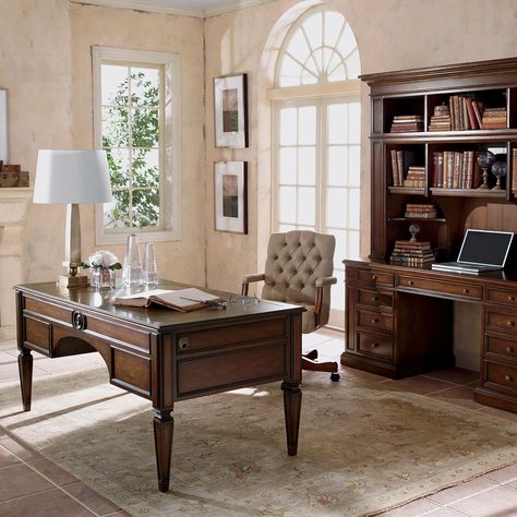 Buckley Leather-Top Desk - Ethan Allen US Leather Top Desk, Cheap Office Furniture, Modern Home Office Desk, Modern Home Office Furniture, Classic Desk, Office Furniture Design, Home Office Storage, Modern Home Office, Ethan Allen