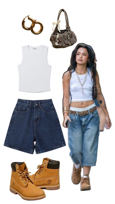 outfit / y2k / summer / timberland/ jorts / purse Timberland Summer Outfits, Timbs Outfits Women, Timberlands Outfit, Timbs Outfits, Cute Y2k Outfits, Timberland Outfit, Timberland Outfits, Y2k Summer, Y2k Outfits