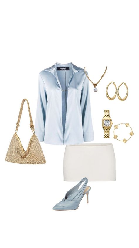 light blue, white mini skirt outfit, gold handbag, van cleef Blue Mini Skirt Outfit, White Mini Skirt Outfit, Light Blue Mini Skirt, Mini Skirt Outfit, Gold Handbag, Europe Travel Outfits, Blue Mini Skirt, Trip Outfits, White Mini Skirt