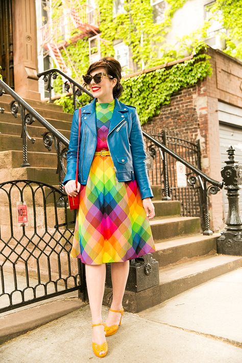 Girl Gang! - Keiko Lynn in a rainbow vintage dress, Coach blue leather motorcycle jacket, b.a.i.t. footwear heels from ModCloth, Kate Spade heart crossbody bag, and "Girl Gang" headband from ban.do Keiko Lynn, Rainbow Vintage, Rainbow Bag, Colorful Dress, Rainbow Outfit, Rainbow Fashion, Pride Outfit, Female Empowerment, Skirt Maxi