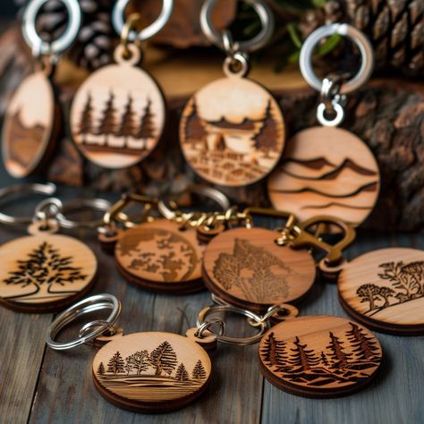 Looking for a unique and personalized gift? Our custom laser-cut wooden keychains are the perfect choice! Whether it's for yourself or a special someone, our keychains are a stylish and meaningful accessory. Why Choose Our Custom Wooden Keychains?     Personalized Design: Each keychain is uniquely crafted to match your vision. Simply provide us with the design idea and text you have in mind, and we'll bring it to life with precision and care.     Quality Craftsmanship: We use high-quality wood and state-of-the-art laser cutting technology to ensure every detail is perfect. The result is a durable and elegant keychain that will stand the test of time.     Thoughtful Gift: Custom keychains make great gifts for birthdays, anniversaries, weddings, and any other special occasion. They're a wond Handmade Christmas Gifts Wood, Laser Boxes Ideas, Things To Do With A Laser Engraver, Laser Wood Projects Gift Ideas, Wood Burned Keychain Ideas, Engraved Wood Ideas, Wood Burning Keychain, Unique Laser Engraving Ideas, Wooden Engraved Ideas