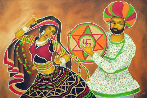 An original hand draw painting of a couple performing Kalbelia Dance. A Rajasthani folk dance, the dance involves women in black skirts in swirling, graceful movements that replicate the movements of a serpent. The Kalbeliyas were snake handlers once, and this connection is reflected in various ways in the dance-via the costumes and the way the women move. #illustratorforhire #commissionart #freelanceillustrator #freelancecreative Rajasthani Couple Illustration, Dance Paintings, Couple Illustration, Folk Dance, Commission Art, Freelance Illustrator, Swirl, How To Draw Hands, Photo And Video