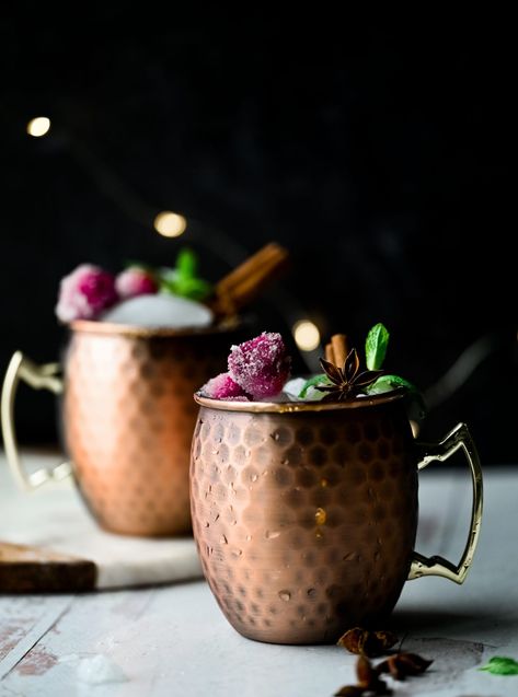 Raspberry Moscow Mule - Shutter + Mint Cranberry Moscow Mule Recipe, Moscow Mule Drink Recipes, Cranberry Moscow Mule, Mule Drink, Ginger Beer Cocktail, Frosted Cranberry, Candied Cranberries, Christmas Drinks Alcohol, Mint Cocktails