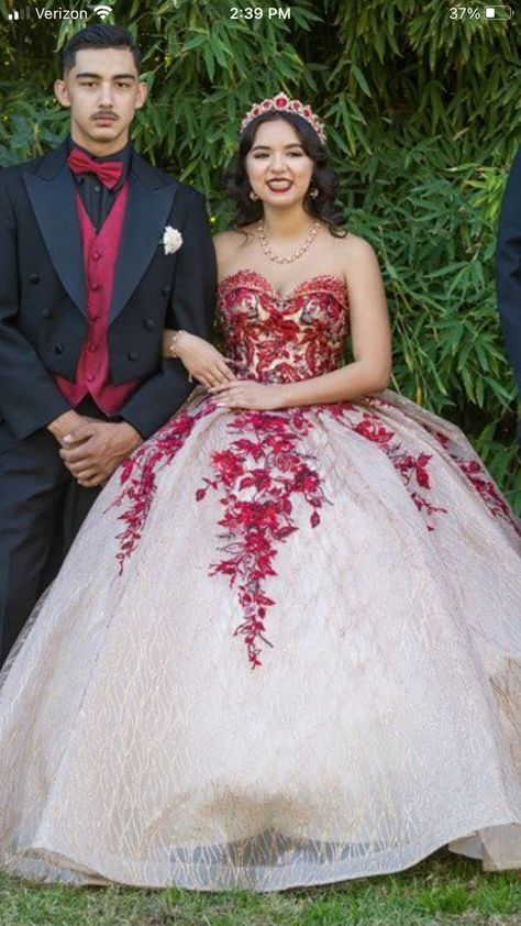 Chambelanes Outfits Quinceanera Burgundy, White With Red Quinceanera Dresses, Quincenera Dresses Red And White, Red And Beige Quince Dress, Chambalans Outfits Quince, Quince Chambelanes Outfits, White Quince Dress, 15 Dresses Quinceanera Red Quincedresses.com, Kc Undercover Outfits