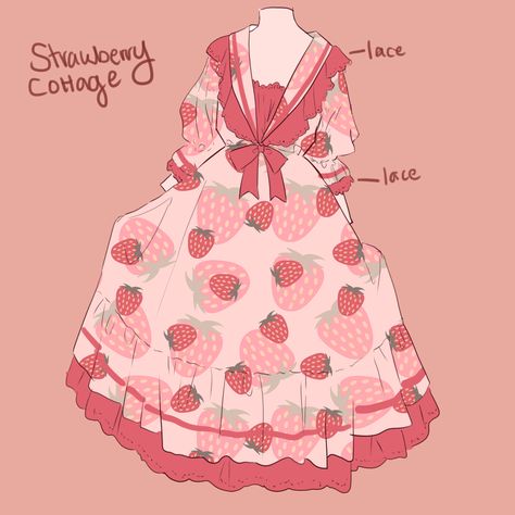 Strawberry Clothes Drawing, Brothers Drawing Base, Kawaii Clothes Drawing, Strawberry Dress Drawing, Strawberry Outfit Drawing, Mushroom Dress Drawing, Character Clothing Ideas, Strawberry Clothes, Strawberry Cottage