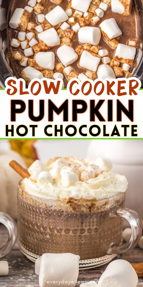 Slow Cooker Pumpkin Hot Chocolate with simple ingredients come together quickly in the slow cooker for a luscious creamy pumpkin filled hot chocolate recipe. Great for a crowd, tailgate celebrating, and sitting by the fire. The recipe combines pumpkin puree and warm pumpkin spice for the best homemade hot chocolate recipe. Best Homemade Hot Chocolate, Caramel Latte Recipe, Homemade Hot Chocolate Recipe, Caramel Macchiato Recipe, Pumpkin Hot Chocolate, Macchiato Recipe, Recipe Ingredients List, Hot Chocolate Recipe Homemade, Crockpot Hot Chocolate