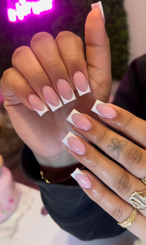 Tapered Square Nails Short French Tip, Plain White French Tip Nails, White Short French Tip Nails, Baddie French Tip Acrylic Nails, Classic French Nails Square, Short French Nails Square, Fall Nails Long Square, White French Tip Square, Frenchies Acrylic Nails