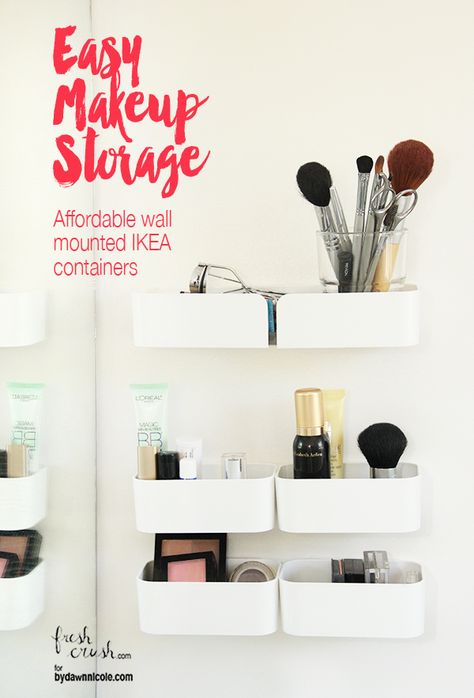 These pod-like containers (dubbed the PLUGGIS system) attach to the wall, creating compartments to store makeup, brushes, and remover. Ikea Hack Bathroom, Bathroom Cabinets Ikea, Bathroom Storage Ideas For Small Spaces, Ikea Bathroom Sinks, Ikea Bathroom Storage, Ikea Bathroom Vanity, Make Up Tisch, Ikea Small Spaces, Diy Makeup Organizer