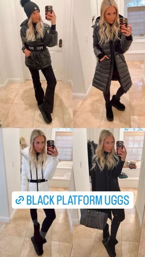 Black Platform Outfit, Black Mini Uggs Outfits, Black Platform Boots Outfit, Black Ugg Outfit, Platform Ugg Outfit, Black Uggs Outfit, Converse Outfit Fall, Japanese Winter Fashion, Platform Boots Outfit