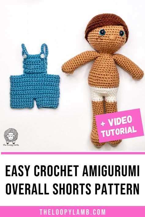 Learn how to crochet an easy pair of crochet amigurumi overall shorts with this free crochet pattern and step-by-step video tutorial. Accessible for beginners, this quick and easy amigurumi clothes pattern is removeable so kids can have fun playing dress up with their dolls.Click to view the free pattern and tutorial or save this to your Amigurumi Crochet board for later. Overall Shorts Pattern, Quick And Easy Amigurumi, Amigurumi Clothes, Easy Crochet Amigurumi, Yarn Monsters, Doll Overalls, No Sew Amigurumi, Yarn Toys, All Free Crochet Patterns