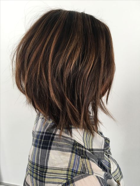 Short Brunette Highlights, Highlights Brown Hair Short Bob, Dark Bob Highlights, Hi Lo Haircut Women, Highlights Dark Hair Short, Short Dark Hair With Highlights Straight, Dark Brown Hair With Highlights Bob, Balayage For Short Dark Brown Hair, Highlights Dark Brown Hair Short