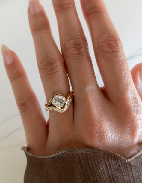 SET — ASSCHER Rapture Ring & Band – Cadette Jewelry Pretty Rings Engagement, Rapture Ring, Engagement Icon, Rings Stacked, Sweet Disposition, Champagne Diamond Rings, Heirloom Rings, Ring Inspo, Cute Engagement Rings