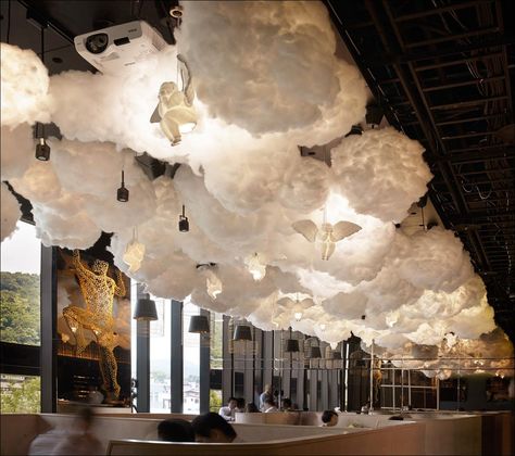 Cloud Cafe Design, Thunderstorm Party Theme, Cloud Centerpiece Ideas, Clouds Wedding Theme, Cloud Ceiling Decor, Cloud 9 Wedding Theme, Cloud Wedding Theme, Clouds Installation, Heaven Themed Party