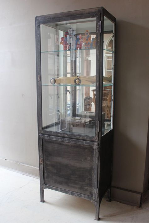 KAH says: link not helpful but for style concept this is great Industrial Objects, Vintage Glass Display, Vintage Medical Cabinet, Antique Medicine Cabinet, French Mirrors, Metal Cabinets, Glass Kitchen Cabinets, Glass Display Cabinet, Curiosity Cabinet