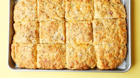 Sheet Pan Biscuits With Bacon, Cheddar & Herbs Recipe - Food.com Sheet Pan Biscuits, Pan Biscuits, Parker House Rolls, Cheddar Biscuits, Herb Recipes, Just Bake, Parker House, Buttermilk Biscuits, Bacon Cheddar