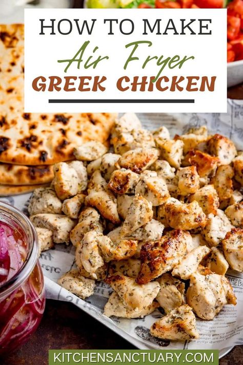 Air Fryer Greek Chicken, Chicken Pita Recipes, Greek Chicken Pita, Kitchen Sanctuary, Greek Dinners, Mediterranean Diet Recipes Dinners, Greek Chicken Recipes, Greek Lemon Chicken, Fried Chicken Breast