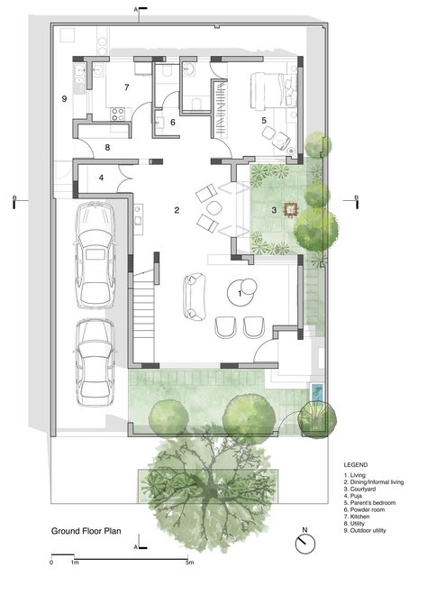 The house is envisaged as a large concrete tray that hovers over a white monolith. The placement of this tray is directed by the sun’s movement with respect to the vertical white surfaces below. As a consequence, the tray extends itself outwards, shielding the walls on the west and south. The plan of the house opens itself up to the more climatically pleasant east in the form of an open court. Arjun Krishna, Krishna Photography, 30x40 House Plans, Architecture Design Competition, Resort Plan, Duplex Floor Plans, Bungalow Floor Plans, Architecture Drawing Plan, Courtyard Gardens Design