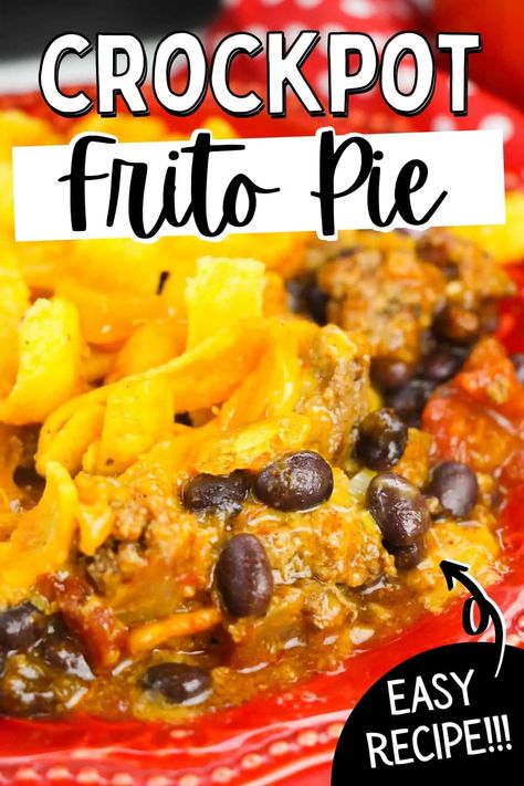 Crockpot Frito Pie Recipe with ground beef, beans, enchilada sauce, ROTEL, cheese and crispy Fritos is a new twist on a comfort food classic. Walking Tacos In Crockpot, Frito Chili Pie Crockpot, Fritos Pie Crockpot, Crock Pot Frito Chili Pie, Crock Pot Frito Pie Recipe, Crockpot Frito Pie With Enchilada Sauce, Frito Pie Slow Cooker, Slow Cooker Frito Pie, Crockpot Walking Tacos With Fritos