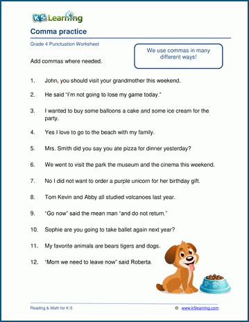 Comma practice worksheets | K5 Learning Comma Worksheets, Using Commas, Comma Rules, Punctuation Worksheets, Good Study Habits, Early Science, Kindergarten Colors, Cursive Writing Worksheets, Comprehension Exercises