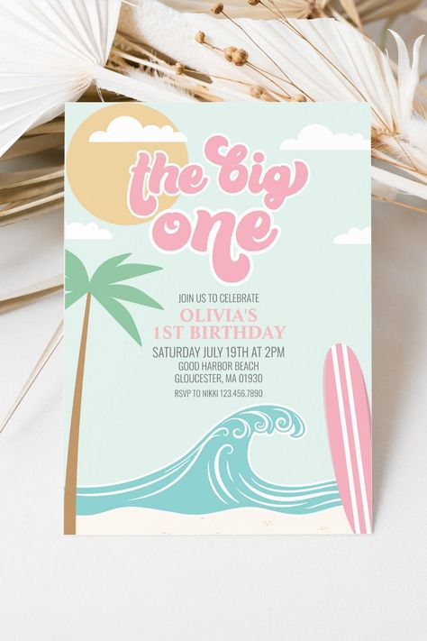 The Big One Pink Beach Birthday Invitation Beach Birthday Invite, Pink Beach Birthday, Beach First Birthday Party, The Big One First Birthday, Big One First Birthday, Beach Birthday Invitations, Beach Theme Birthday, Summer Birthday Invitations, Surf Birthday