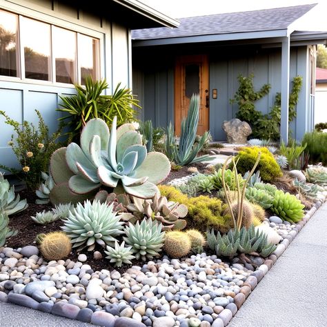 Hanging Cactus Plants Outdoor, Succulent Landscaping Front Yard, Succulent Garden Landscape, Front Yard Decor, Succulent Landscape Design, Succulent Garden Design, Succulent Landscaping, Gravel Garden, Front Landscaping