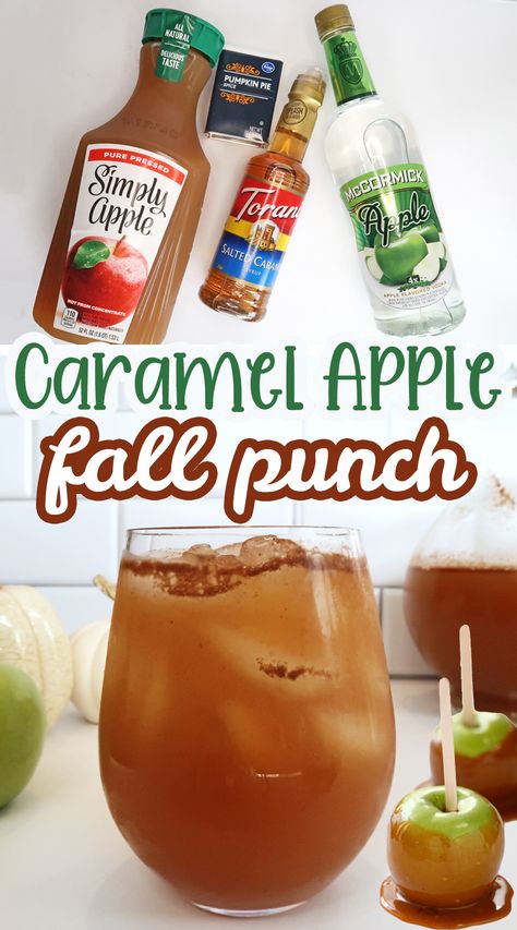 4-ingredient Caramel Apple Punch - Love and Marriage Carmel Apple Alcohol Punch, Apple Juice And Sprite Punch, Baileys Fall Cocktails, Caramel Apple Water, Caramel Apple Drink Non Alcoholic, Breakfast Drinks With Alcohol Fall, Fall Non Alcoholic Drinks Punch Recipes, Cocktails By The Gallon, Apple Juice Alcohol Drinks