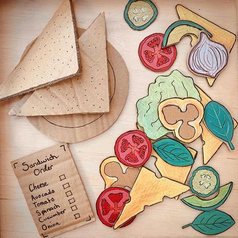 Make A Sandwich Activity, Food Learning Activities For Kids, Food Crafts For Toddlers, Cardboard Sandwich, Cardboard Food, Easter Hairstyle, Games For Children, Baby Learning Activities, Diy Kids Toys