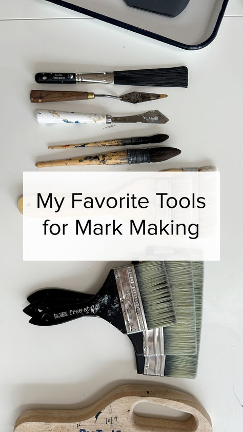 A photo showing a lineup of palette knives and different sized paint brushes with the text "My Favorite Tools for Mark Making" over the image. Art Mark Making, Abstract Art Painting Techniques, Art Making, Studio Tour, Painting Tools, Mark Making, Abstract Paintings, Original Abstract Painting, Painting Techniques