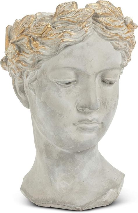 Amazon.com: Abbott Collection Aphrodite Head Planter – Large Indoor and Outdoor Planter Pots - Whimsical Woman Statue Head Planter for Flowers and Succulents (10 inch, Grey/Gold) : Patio, Lawn & Garden Gold Laurel Wreath, Cement Statues, Gray Planter, Cement Color, Greco Roman, Large Feathers, Face Planters, Golden Goddess, Head Planters