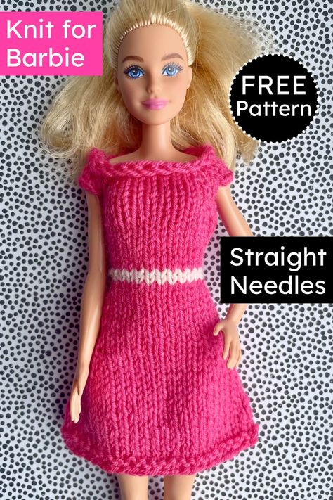 Dress Knitting Pattern, Barbie Doll Dress, Crochet Barbie Patterns, Cute Barbie, Yarn Scraps, Dress Knitting, Girls Knitted Dress, Free Barbie, Barbie Knitting Patterns