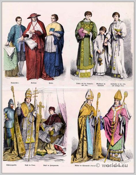 [39] 16th and 17th Century Ecclesiastical robes  top: Chamberlain, cardinal, prelate, deacon w/ dalmatic alba, altar boy in surplice, subdeacon in alba & colona stole; bottom:  Swiss Guard, Pope in the robes, Pope in house robes, bishop in choir sheath, bishop in vestments (casula) | "The History of Costumes from antiquity through the 19th century." Munich Picture Sheets, edited & published by Kasper Braun & Friedrich Schneider, 1858-1898 | world4.eu/history-of-costumes/ 11th Century Clothing, Byzantine Clothing, Ancient Rome Clothing, Agnes Sorel, Ancient Greek Clothing, Byzantine Fashion, Anglo Saxon Kings, Medieval England, Early Middle Ages