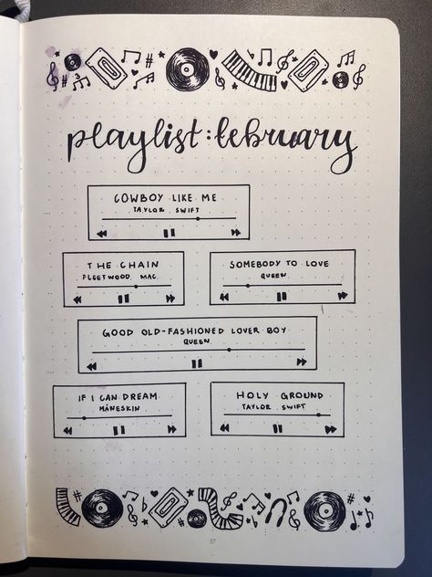 #bulletjournal #notebook #playlist #february #februarybullejournal #music #taylorswift #queen #notes February Playlist, Journal February, February Bullet Journal, Journal Inspiration Writing, Bullet Journal Ideas Templates, Music Journal, Bullet Journal Cover Ideas, Bulletin Journal Ideas, Songs Playlist