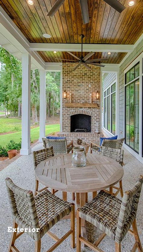 Outdoor Fireplace Brick Covered Patios, Back Porch Ideas Covered With Fireplace, Outside Brick Fireplace, Fireplace On Front Of House Exterior, Small Covered Patio With Fireplace, Brick Fireplace Patio, Brick Fireplace On Porch, Outdoor Brick Fireplace Patio, Patio With Chimney Fireplace