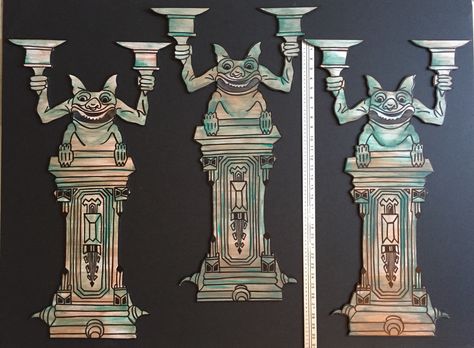 My own props Haunted Mansion 2015 : 30' gargoyle candelabras Disney Haunted Mansion Art, Halloween Campfire, Sconces In Bathroom, Hunted Mansion, Haunted Hallway, Disney Diys, Doom Buggy, Spooky Miniatures, Hunted House