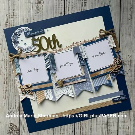 Disney 50th Anniversary Scrapbook Layouts, 50th Birthday Scrapbook Layouts, Birthday Scrapbook Pages Layouts, 3 Photo Scrapbook Layouts, Design For Scrapbook Ideas, Blue Scrapbook Ideas, Scrapbook Page Layouts Ideas, Scrapbook Layouts Multiple Pictures, Scrapbooking Ideas Layouts