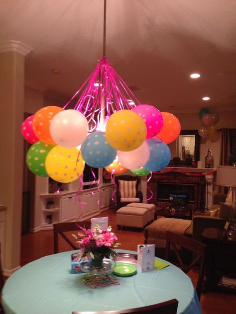 Diy Birthday Decorations Outdoor, Small Home Birthday Party Decor, Hallway Birthday Decoration, Balloons On Chandelier, Chandelier Party Decoration, Room Filled With Balloons Birthday, Staircase Birthday Decorations, Fun Birthday Decor, Decorating House For Birthday