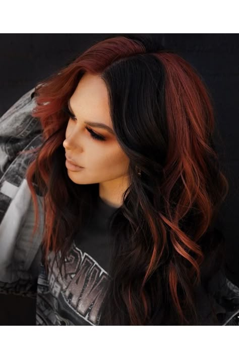 Hair Color 2023 Money Piece, Fall Hair Color Ideas Vivids, 2023 Color Blocking Hair, Long Red Hair Color Ideas, Black And Natural Red Hair, Darker Hair Dye Ideas, Hair Color Ideas For 30 Year Olds, 4 Quadrant Hair Color, Dark Hair Inspiration Medium