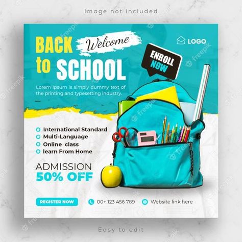 Premium PSD | Social media banner for school education admission and back to school instagram post template or square flyer, poster design. Back To School Social Media Posts, Back To School Promotion Design, School Social Media Post Ideas, Back To School Social Media Design, Education Social Media Post Design, School Post Design, Education Poster Design Ideas, School Admission Poster Design, School Social Media Design