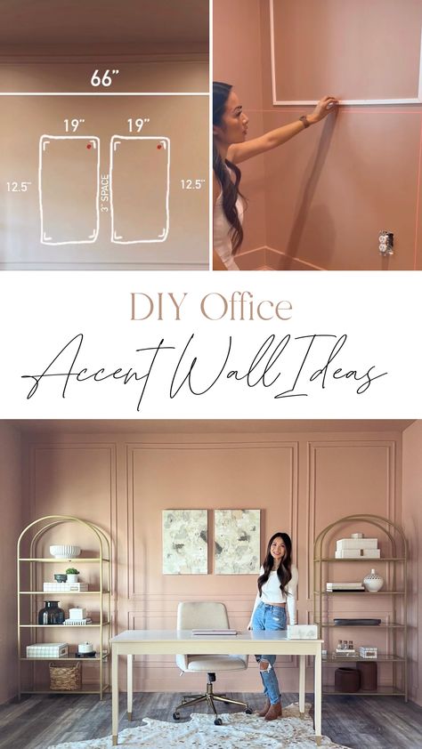 Small Office Accent Wall, Pink Accent Wall Office, Modern French Country Office, Accent Wall Guide, Office Feature Wall Ideas, Fun Office Wall, Pink Office Wall, Home Office Accent Wall Ideas, Office Wallpaper Ideas