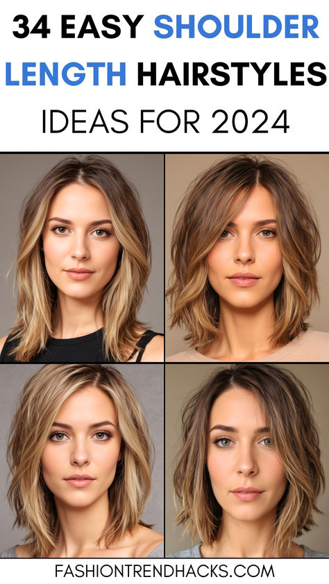 4 women with easy shoulder length hairstyles with text 34 easy shoulder length hairstyles ideas for 2024 Shoulder Length Hair Easy Styles, Hairstyles For Shoulder Length Hair Easy, Easy Hairstyles For Shoulder Length Hair, Effortless Haircut, Easy Shoulder Length Hairstyles, Quick Work Hairstyles, Hairstyles Work, Shoulder Length Hairstyles, Slicked Back Ponytail