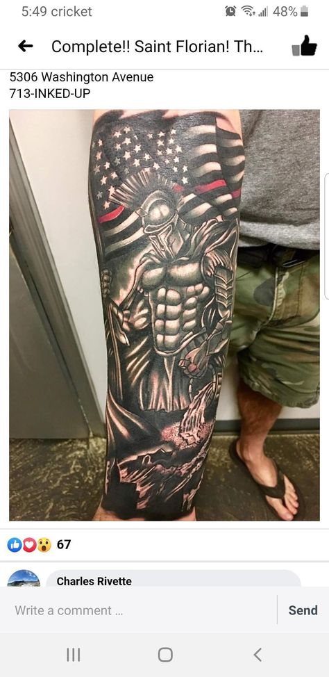 Sleeve Tattoos For Firefighters, Fire Flag Tattoo, St Florian Tattoo Sleeve, Firefighter Tatoos Ideas, Firefighter Sleeve Tattoos For Guys, Firefighter Tattoo Ideas For Men, Saint Florian Tattoo, St Florian Tattoo, Firefighter Tattoo Sleeve