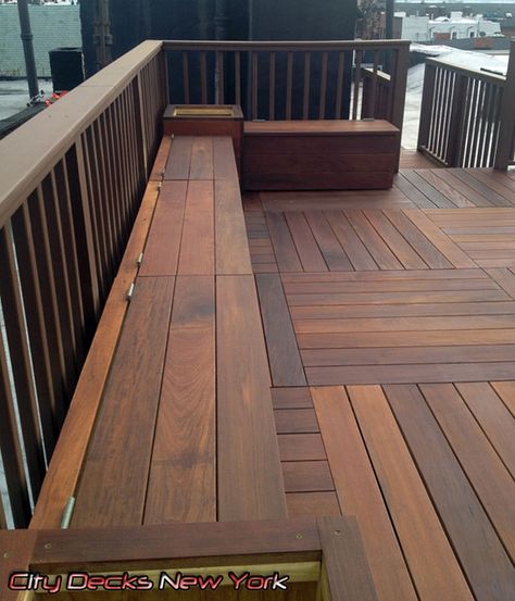 Tiger wood deck with built in planter Wood Deck Designs, Ipe Wood Deck, Deck Bench, Deck Seating, Modern Deck, Ipe Wood, Wooden Deck, Contemporary Patio, Patio Bench