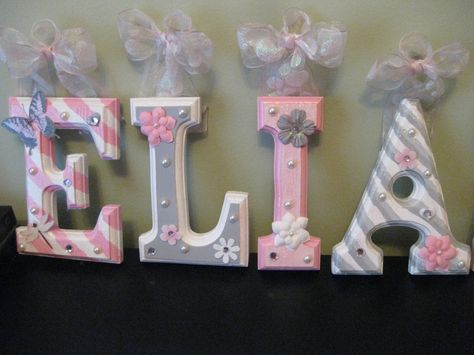 I really like this! Grey And Pink Nursery, Hanging Letters On Wall, Craft Letters, Nursery Color Scheme, Creative Letters, Mint Walls, Wall Letters Nursery, Decorated Letters, Rose Nursery