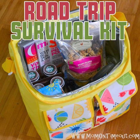 Road Trip Survival Kit - Gift Idea - Mom On Timeout Road Trip Survival Kit, Packing Videos, Trip Hacks, Advice Videos, Trip Snacks, Survival Kit Gifts, Food And Snacks, Road Trip Food, Road Trip Snacks