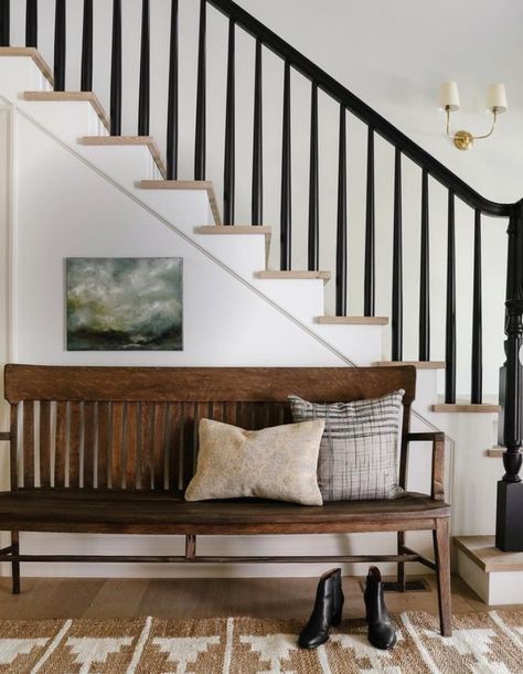 Instagram Saves: Wall Sconce Inspiration - Making it in the Mountains Mountain Home Staircase, Black Banister, Home Staircase, Stairs Black, Foyer Stairs, Stair Design, Entrance Foyer, Wooden Stairs, Mountain Home